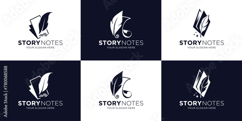 set of classic book story notes feather ink logo design inspiration. note and quill pen logo design collection. photo