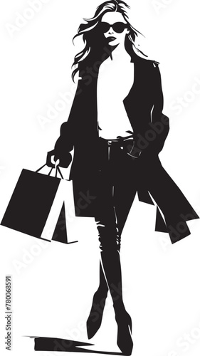 Trendy Style Maven: Stylish Lady with Shopping Bag Icon City Chic Couture: Urban Woman with Shopping Bag Emblem