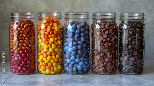 A white background is accompanied by assorted candies in a glass jar.