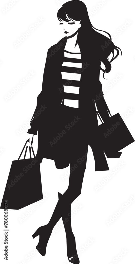 Urban Fashionista: Young Woman Iconic Shopper Design Glamorous Shopaholic: Vector Logo of Stylish Lady