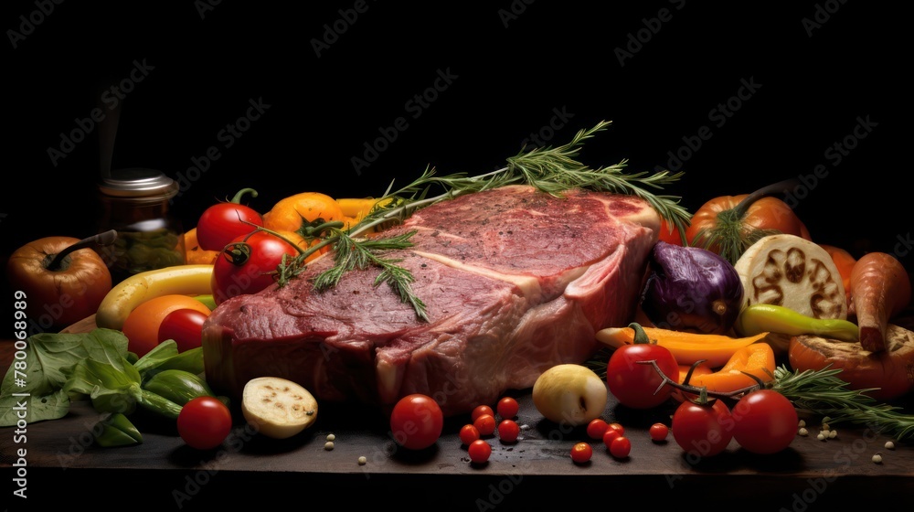 baked meat with vegetables on a dark background baked meat with vegetables on a dark background