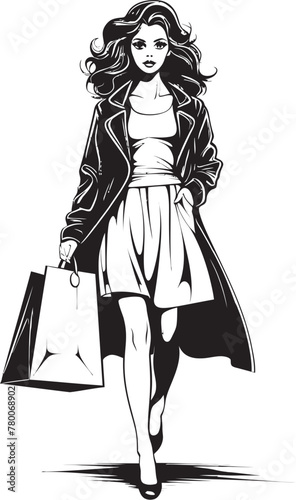 City Chic Couture: Young Woman Shopping Bag Graphics Fashionable Femme: Vector Logo of Urban Shopper