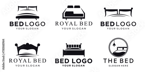 set of illustration Luxury bed logo with abstract shape concept and pillows symbols vector design.