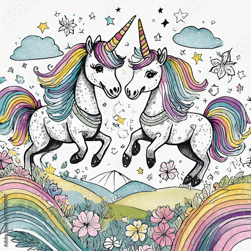 two smiling unicorn flying on rainbow isolated on white background watercolor illustration for child books 