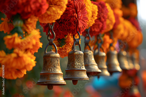 Buddhist golden bell hanging on festival background with orange marigold flowers. Ritual hand bell in Buddhist temple. Diwali, Ugadi or Gudi Padwa Indian festival decoration photo