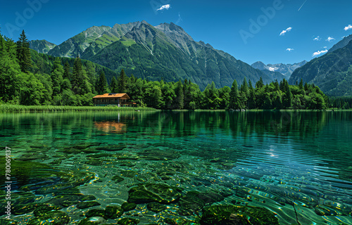 a house on a lake surrounded by trees and mountains photo