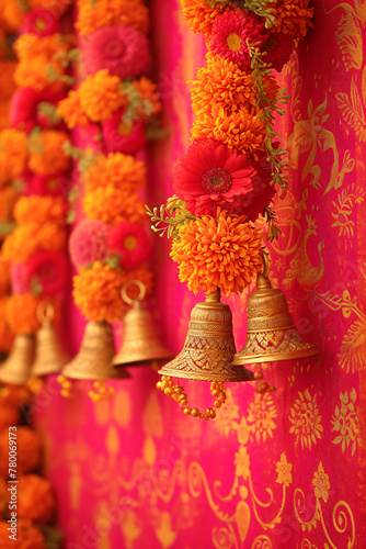 Buddhist golden bell hanging on festival background with orange marigold flowers. Ritual hand bell in Buddhist temple. Diwali, Ugadi or Gudi Padwa Indian festival decoration