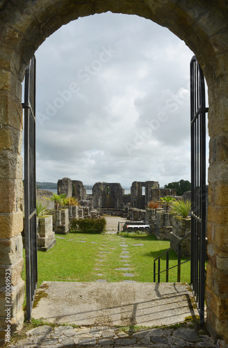 View to the ruins of the ancient church at the Abbey in Landevennec, Brittany, France