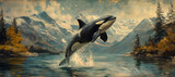 Orca Killer Whale Jumping, Marine Wildlife Animal Art Alaska Scenery Painting Vintage Illustration 