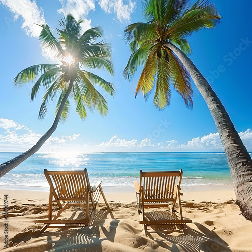 Beach chairs under palm trees