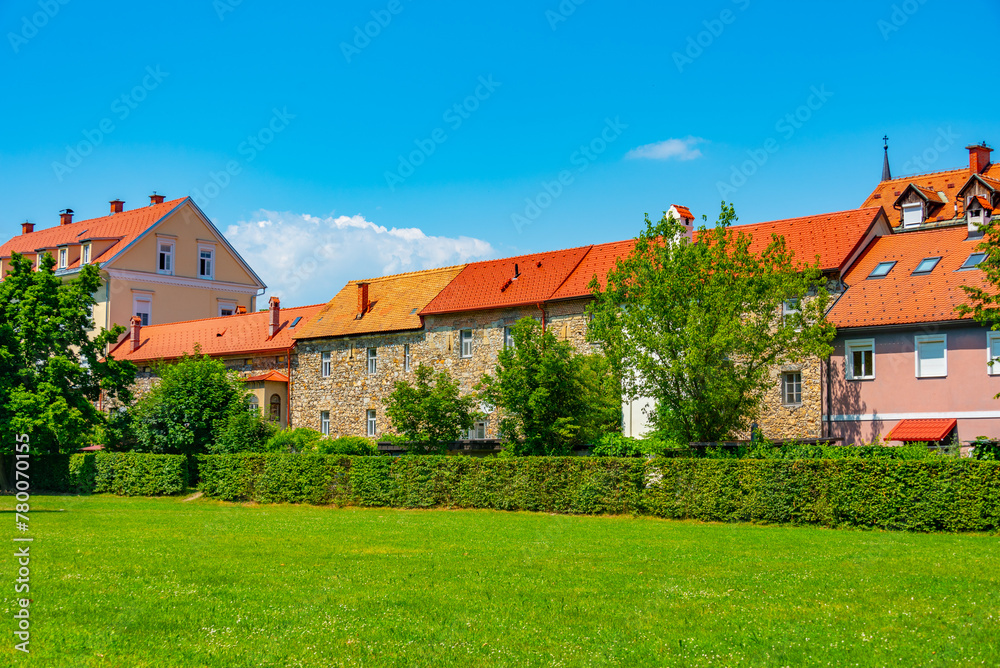 Colorful buildings at the riverside of Savinja in Celje, Slovenia