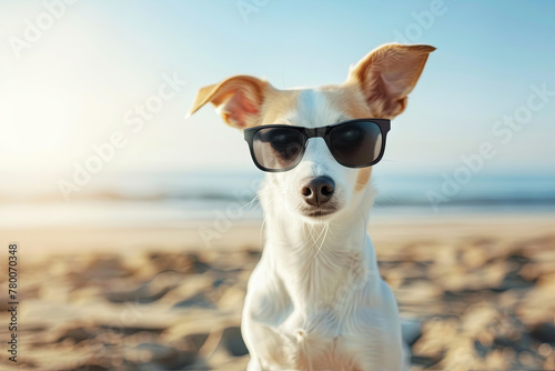 Dog on the beach wearing sunglasses photo