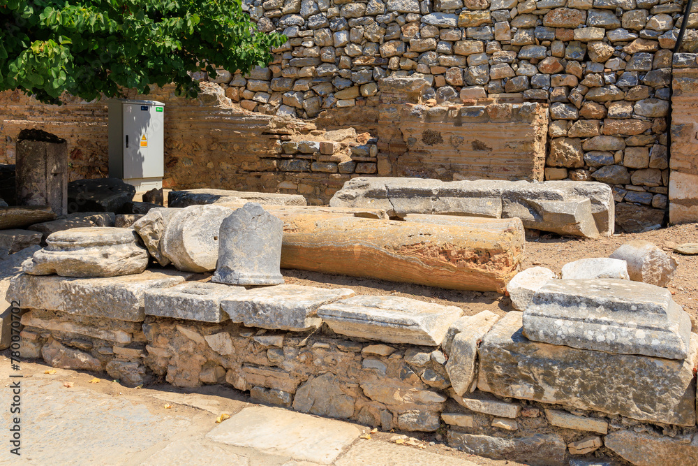 Ruins of ancient columns. Background with selective focus and copy space Ruins of ancient columns. Background with selective focus and copy space