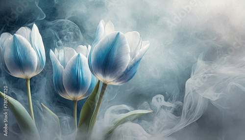 Tulipes, fleurs bleues. Fond floral. 
Papier peint fleuri. Fumée abstraite