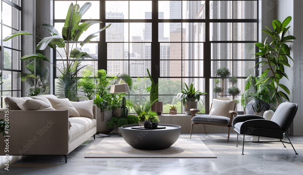 a room with plants and a large window