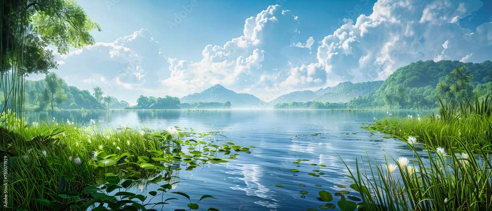 Peaceful Lake View at Sunrise, Scenic Nature Landscape with Reflective Water and Forested Mountains, Tranquil Morning Beauty