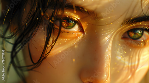 a close up of a woman s face with green eyes and gold makeup