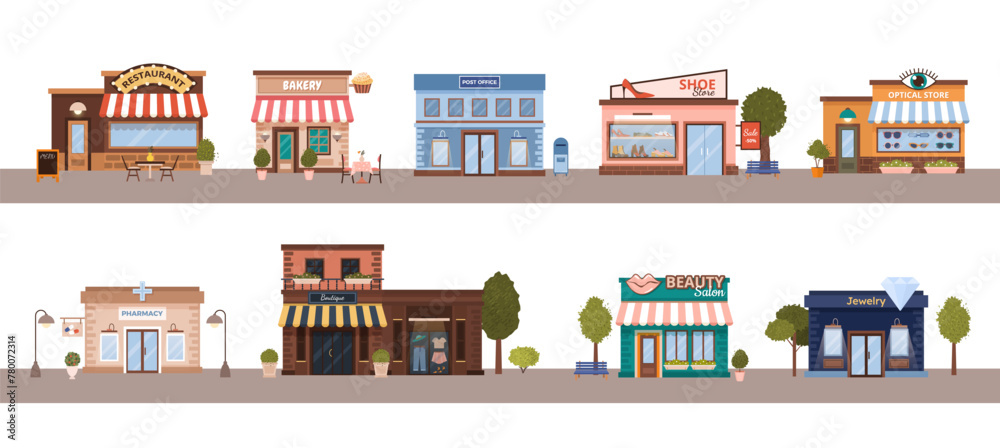 Cityscapes with flat urban buildings with trees on the road. Municipal post office, jewelry, boutique, optics store, shoe store, beauty salon, pharmacy on white background. Vector illustration. Cityscapes with flat urban buildings with trees on the road. Municipal post office, jewelry, boutique, optics store, shoe store, beauty salon, pharmacy on white background. Vector illustration.