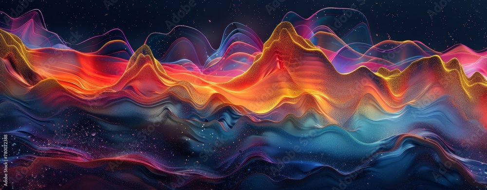 Abstract background with colorful sound waves and wave forms. Abstract digital landscape with glowing neon lights. Futuristic networking connections Abstract background with colorful sound waves and wave forms. Abstract digital landscape with glowing neon lights. Futuristic networking connections