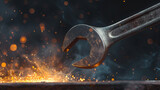 Wrench against a black background with orange sparks flying.