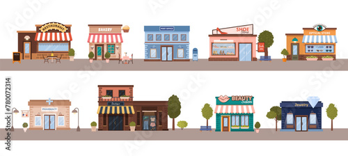 Cityscapes with flat urban buildings with trees on the road. Municipal post office, jewelry, boutique, optics store, shoe store, beauty salon, pharmacy on white background. Vector illustration.