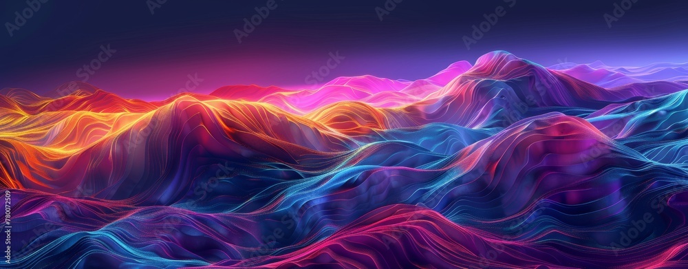 Obraz premium Abstract background with colorful sound waves and wave forms. Abstract digital landscape with glowing neon lights. Futuristic networking connections