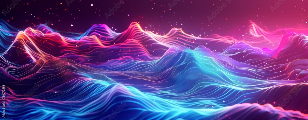 Abstract background with colorful sound waves and wave forms. Abstract digital landscape with glowing neon lights. Futuristic networking connections Abstract background with colorful sound waves and wave forms. Abstract digital landscape with glowing neon lights. Futuristic networking connections