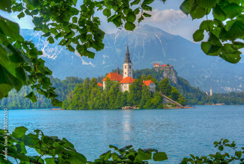 Assumption of Maria church and Bled Castle at lake Bled in Slove photo