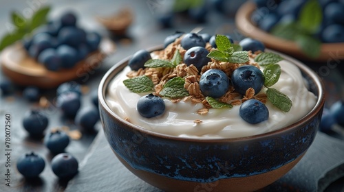 Yogurt bowl and blueberries on table, top view photo
