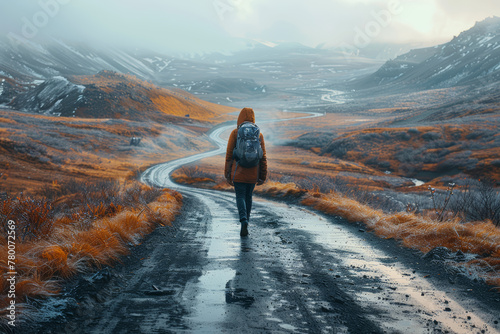 A symbolic image of a lone traveler on a winding road, signifying the journey of self-discovery and exploration. Concept of personal growth and adventure. Generative Ai.