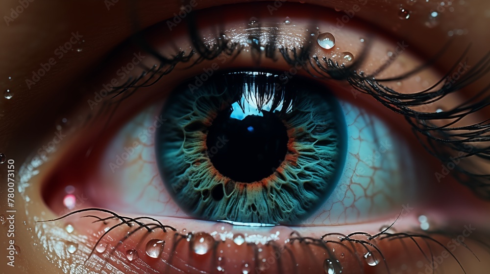 A close-up view of a person's eye with water droplets on it.