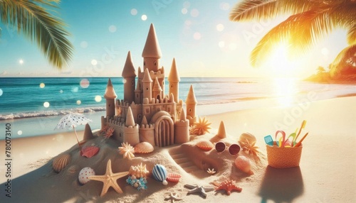 sand castle on a beautiful tropical beach, Vacation chill sea ocean vibe, Travel vacations banner, background concept