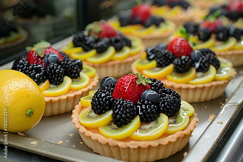 A tray of fruit tarts with lemons and strawberries photo