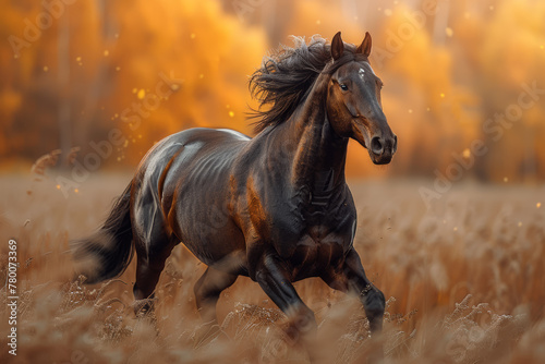 A wild horse galloping freely across an open field  symbolizing untamed spirit and unbridled freedom. Concept of autonomy and wildness. Generative Ai.