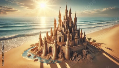 sand castle on a beautiful tropical beach, Vacation chill sea ocean vibe, Travel vacations banner, background concept,