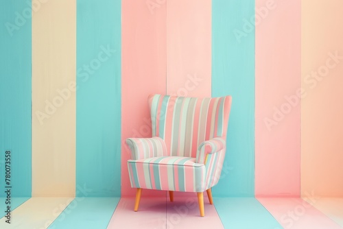 Minimal chair in gradiant pastel stripes against same pastel stripes background 