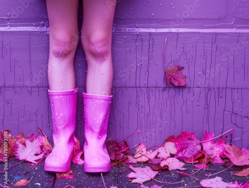 Legs of little girl in dim pink plastic boots standing in front of gradient purple wall, pink leaves and rain photo