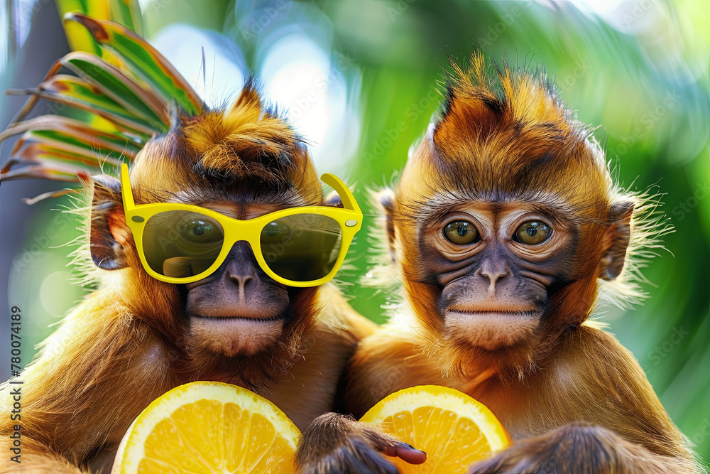 Fototapeta premium Two summer monkeys wearing yellow sunglasses holding oranges 