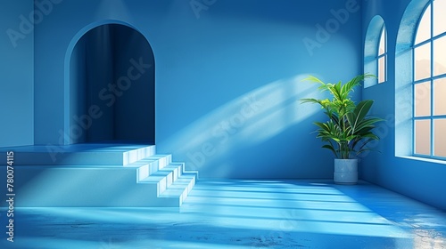 The backdrop for a product presentation is an abstract blue background with a drop shadow and light.