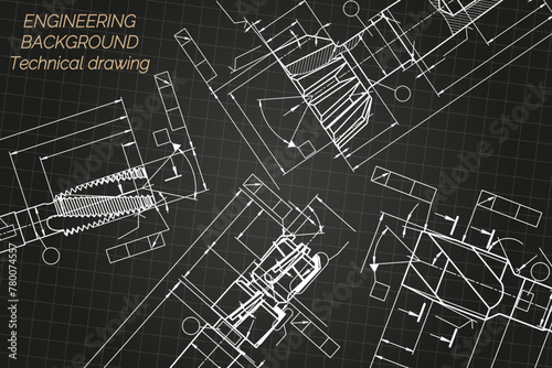 Mechanical engineering drawings on black background. Tap tools, borer. Technical Design. Cover. Blueprint. Vector illustration.