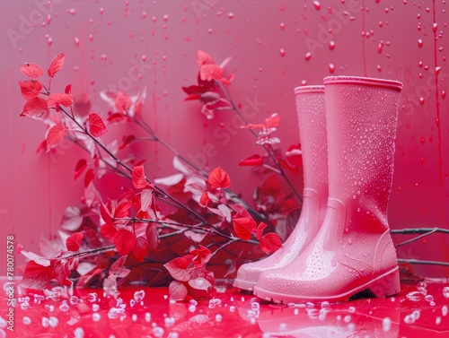 Rain boots in warm pink and magenta shades of autumn. Concept of beautiful and romantic autumn photo