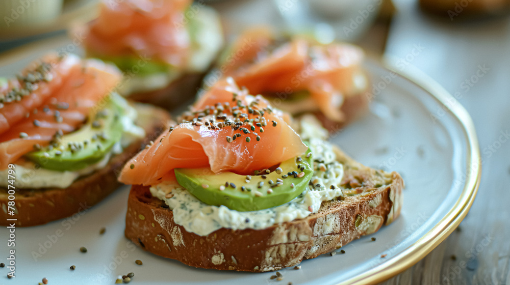 Avocado toast with smoked salmon for breakfast, homemade cuisine and traditional food, country life Avocado toast with smoked salmon for breakfast, homemade cuisine and traditional food, country life