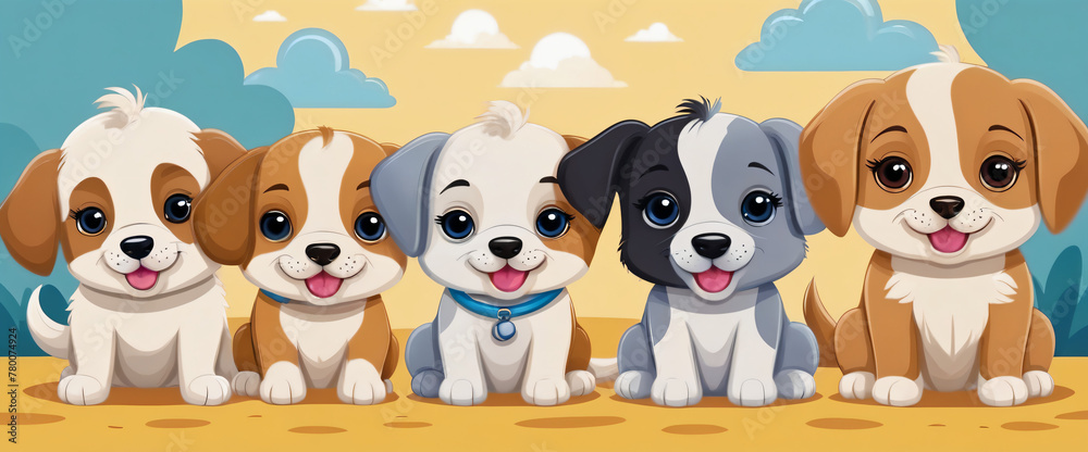 Puppies, doggie friends all together. Friendship, game, happiness, children's poster, cute smiling cuddly puppies. Illustration of colorful little dogs for kindergarten. Puppies, doggie friends all together. Friendship, game, happiness, children's poster, cute smiling cuddly puppies. Illustration of colorful little dogs for kindergarten.