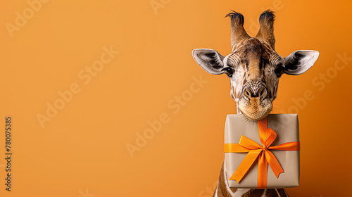 A giraffe holding a gift box with a ribbon in its mouth against an orange background. Copy space.