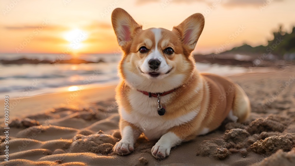 welsh corgi Pembroke dog playing at a beach, lovely sunset background. welsh corgi Pembroke dog playing at a beach, lovely sunset background.
