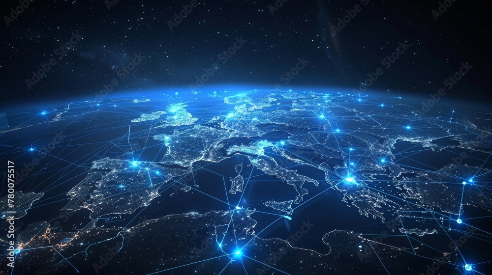 Night view of the city from space, glowing blue lights on global network connections and roads around it with connecting lines to other cities, glowing background, black sky, aerial view Night view of the city from space, glowing blue lights on global network connections and roads around it with connecting lines to other cities, glowing background, black sky, aerial view