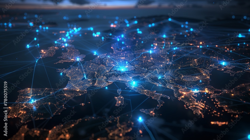 Night view of the city from space, glowing blue lights on global network connections and roads around it with connecting lines to other cities, glowing background, black sky, aerial view Night view of the city from space, glowing blue lights on global network connections and roads around it with connecting lines to other cities, glowing background, black sky, aerial view
