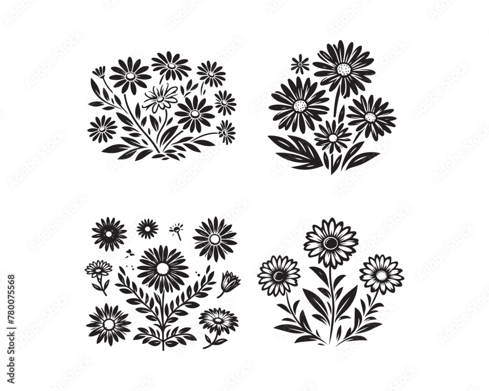 Daisy flowers silhouette vector icon graphic logo design