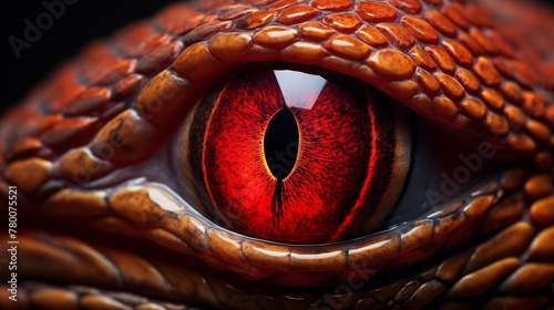 A close up of a snake eye: is a stunning photo macro with of an eyeball with a red iris and vertical slit shaped pupil and dark scaly skin.