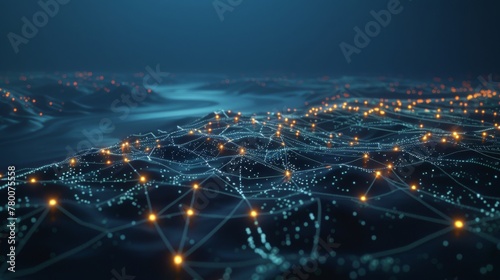 Night view of the city from space, glowing blue lights on global network connections and roads around it with connecting lines to other cities, glowing background, black sky, aerial view photo